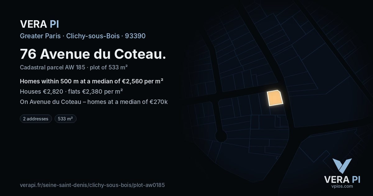 76 Avenue du Coteau, Clichy-sous-Bois at night – the plot lit, the parcels around coloured by the prices near them