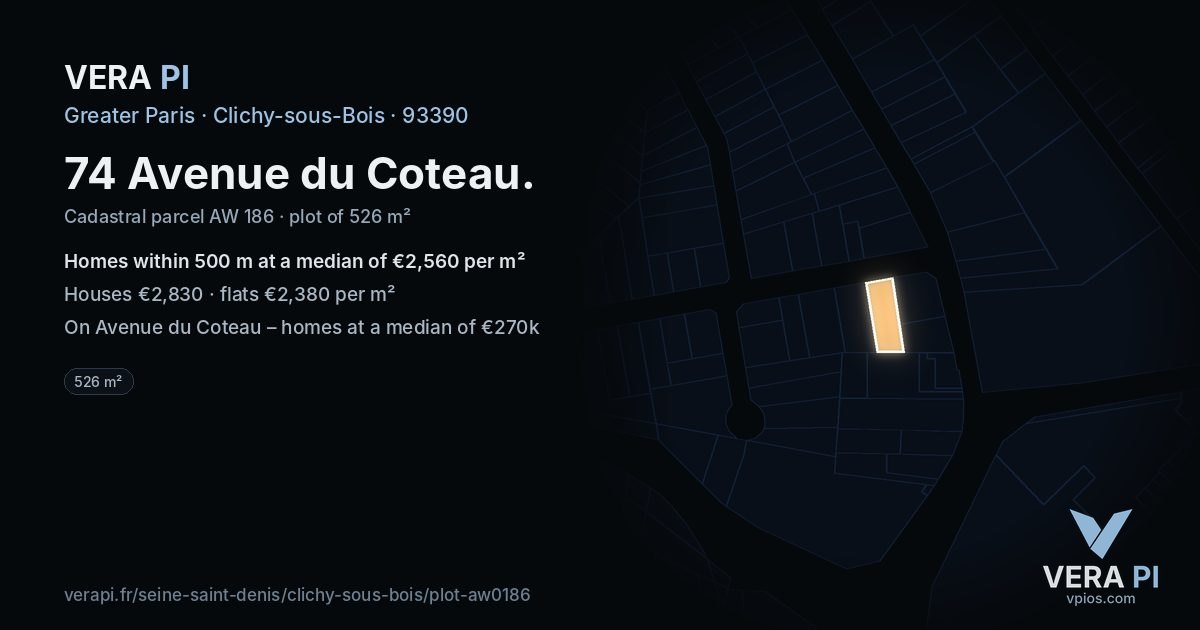 74 Avenue du Coteau, Clichy-sous-Bois at night – the plot lit, the parcels around coloured by the prices near them