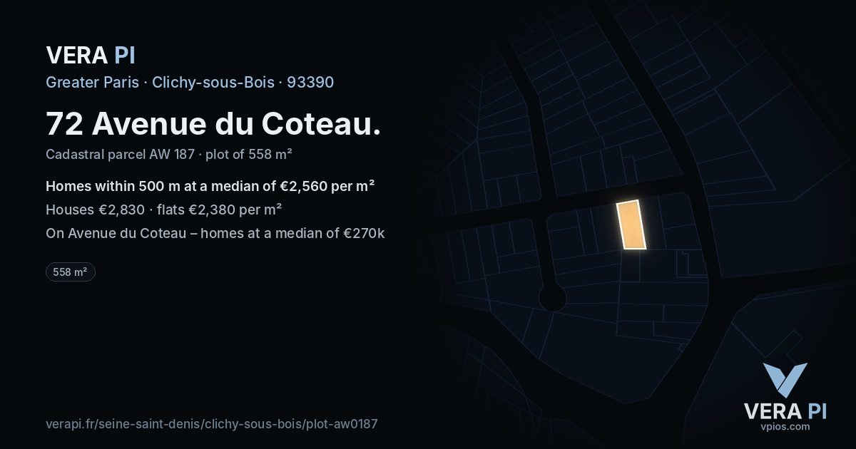 72 Avenue du Coteau, Clichy-sous-Bois at night – the plot lit, the parcels around coloured by the prices near them