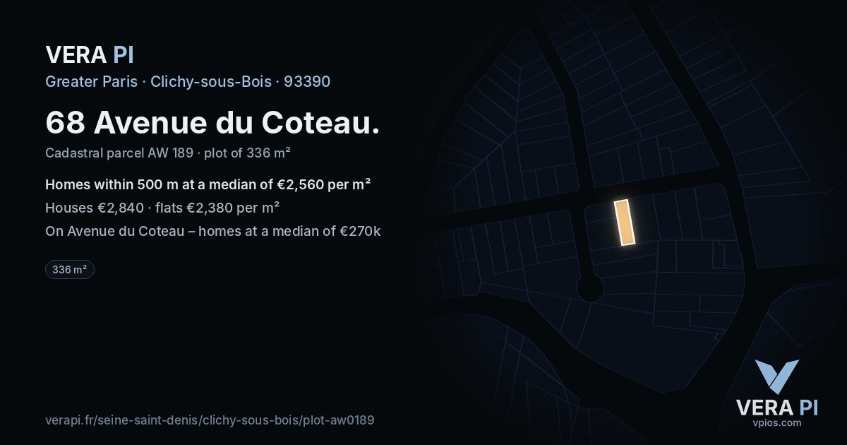 68 Avenue du Coteau, Clichy-sous-Bois at night – the plot lit, the parcels around coloured by the prices near them