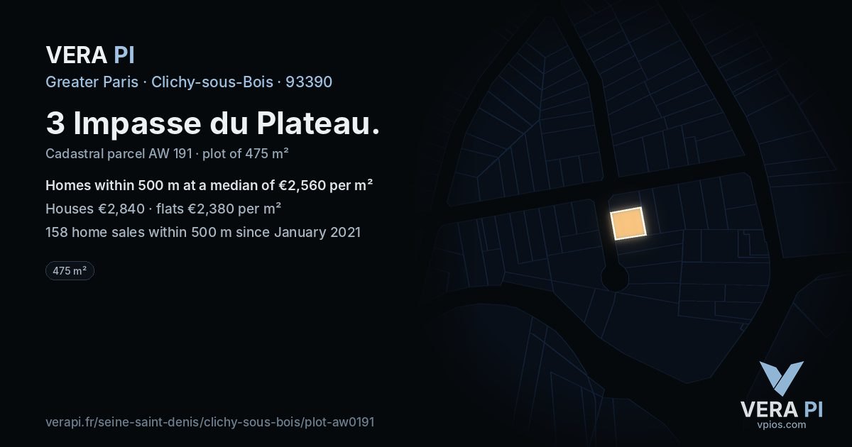 3 Impasse du Plateau, Clichy-sous-Bois at night – the plot lit, the parcels around coloured by the prices near them