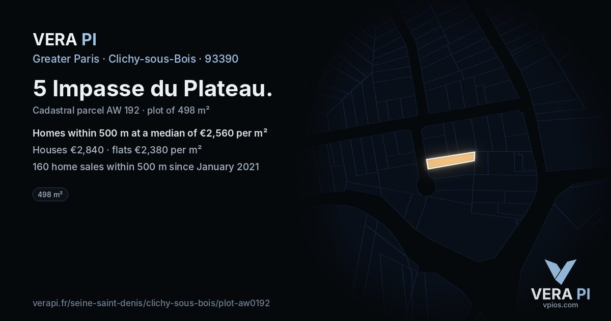 5 Impasse du Plateau, Clichy-sous-Bois at night – the plot lit, the parcels around coloured by the prices near them