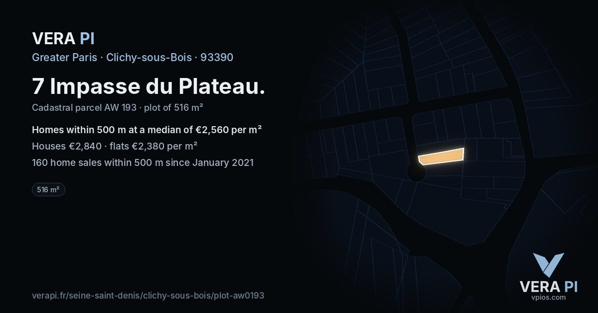 7 Impasse du Plateau, Clichy-sous-Bois at night – the plot lit, the parcels around coloured by the prices near them
