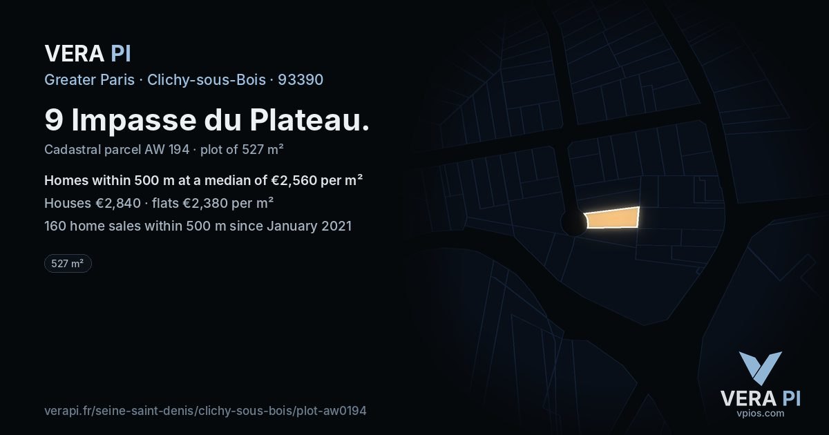 9 Impasse du Plateau, Clichy-sous-Bois at night – the plot lit, the parcels around coloured by the prices near them