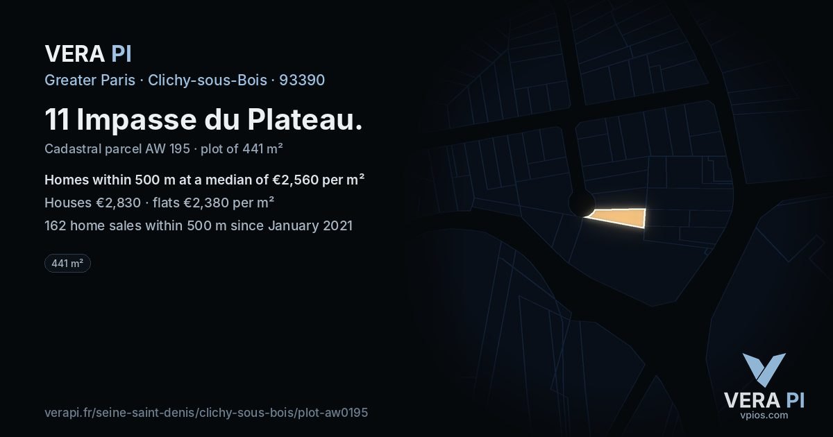 11 Impasse du Plateau, Clichy-sous-Bois at night – the plot lit, the parcels around coloured by the prices near them