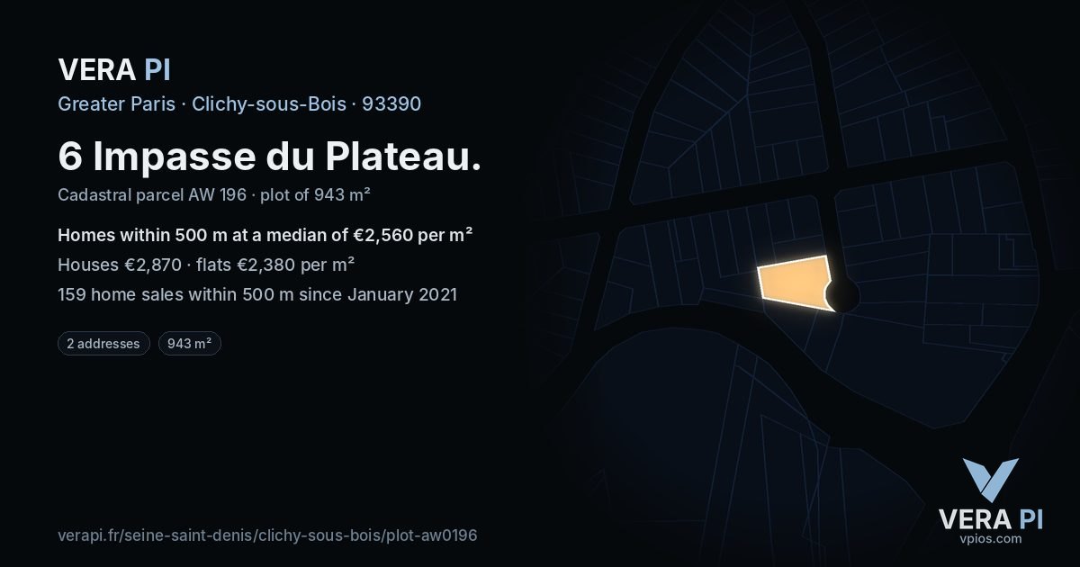 6 Impasse du Plateau, Clichy-sous-Bois at night – the plot lit, the parcels around coloured by the prices near them