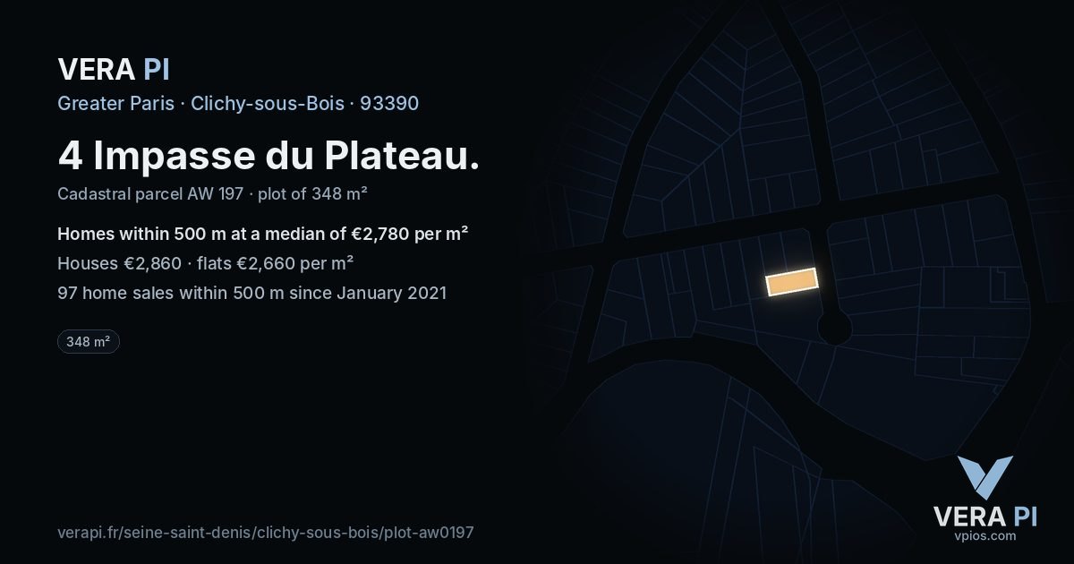4 Impasse du Plateau, Clichy-sous-Bois at night – the plot lit, the parcels around coloured by the prices near them