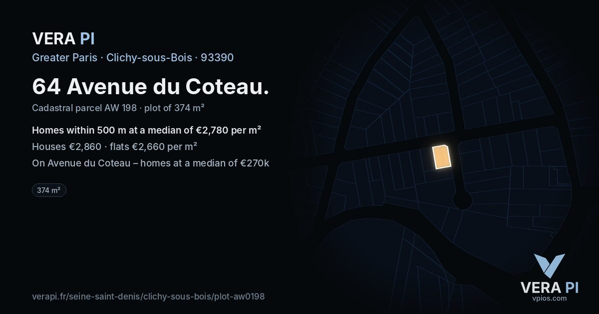 64 Avenue du Coteau, Clichy-sous-Bois at night – the plot lit, the parcels around coloured by the prices near them