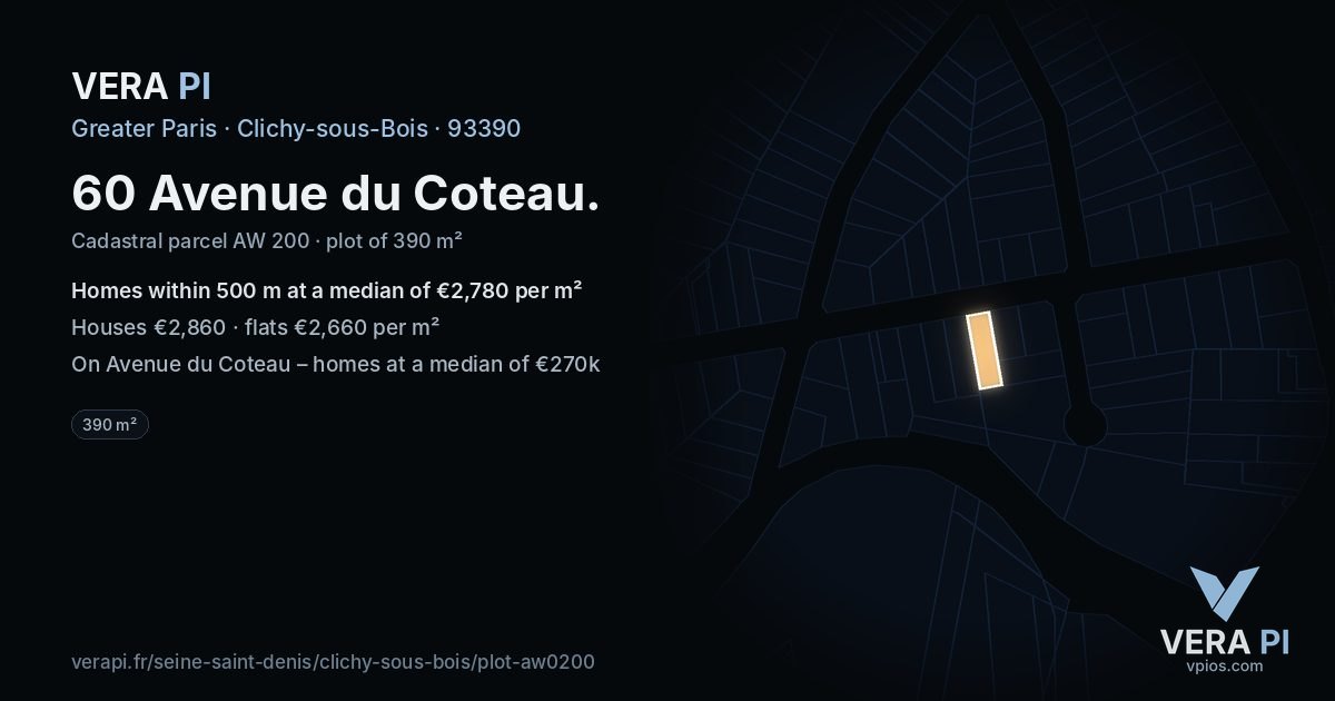 60 Avenue du Coteau, Clichy-sous-Bois at night – the plot lit, the parcels around coloured by the prices near them