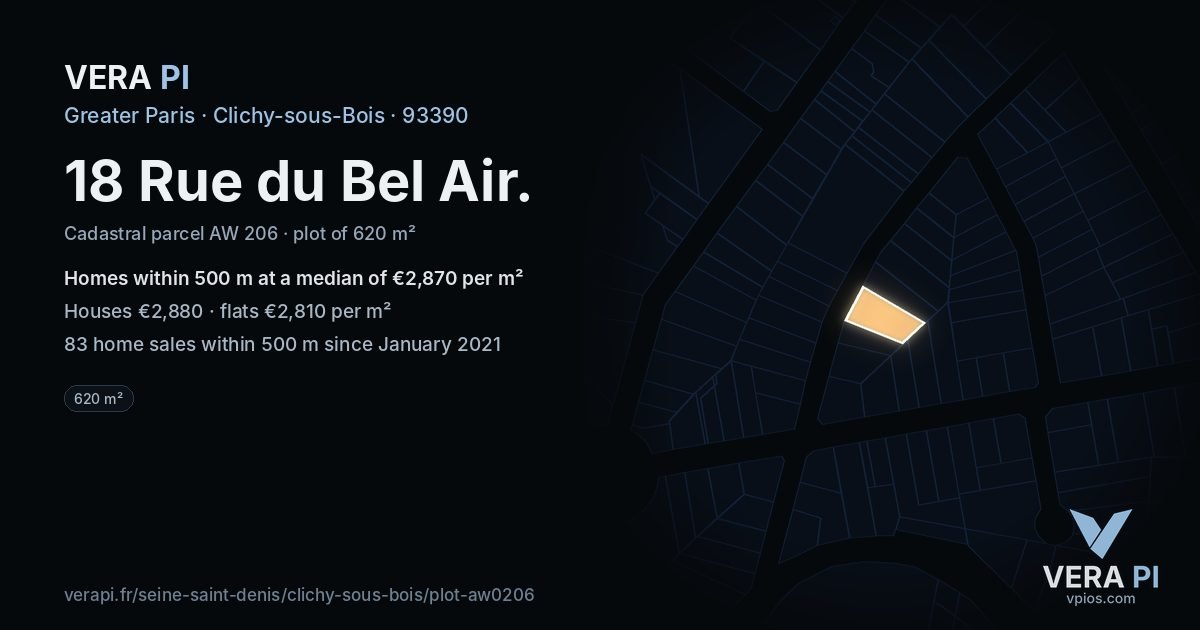 18 Rue du Bel Air, Clichy-sous-Bois at night – the plot lit, the parcels around coloured by the prices near them