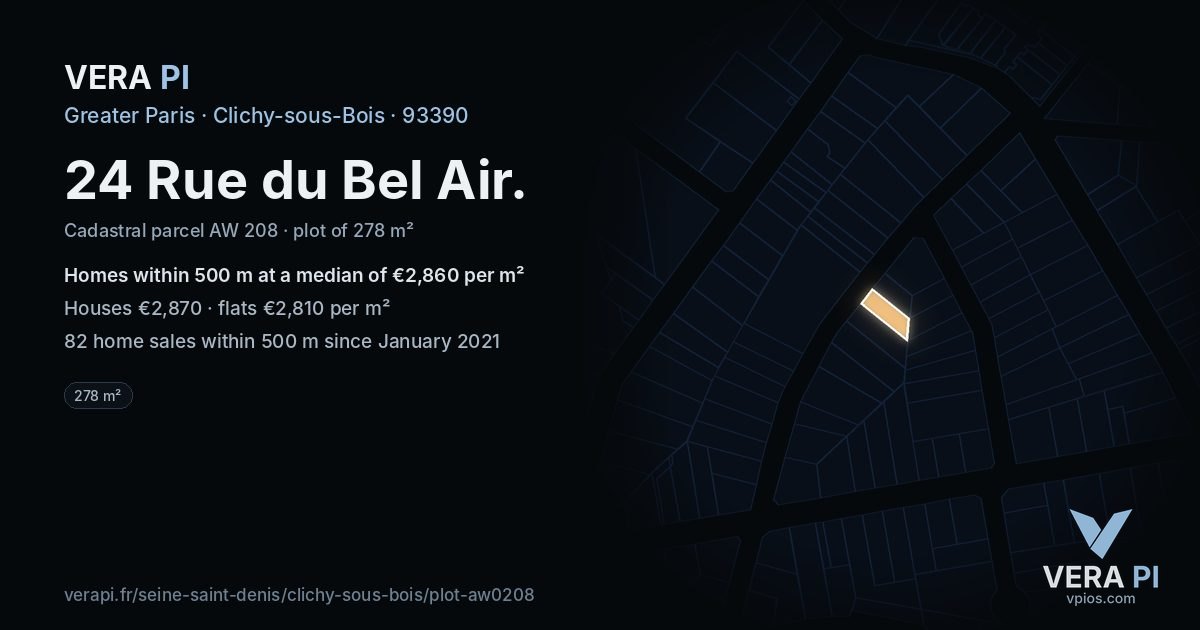 24 Rue du Bel Air, Clichy-sous-Bois at night – the plot lit, the parcels around coloured by the prices near them