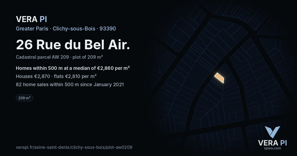 26 Rue du Bel Air, Clichy-sous-Bois at night – the plot lit, the parcels around coloured by the prices near them