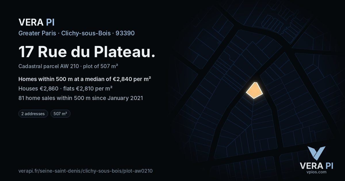17 Rue du Plateau, Clichy-sous-Bois at night – the plot lit, the parcels around coloured by the prices near them