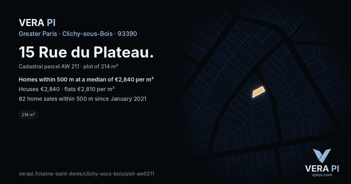 15 Rue du Plateau, Clichy-sous-Bois at night – the plot lit, the parcels around coloured by the prices near them