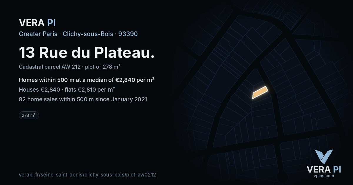 13 Rue du Plateau, Clichy-sous-Bois at night – the plot lit, the parcels around coloured by the prices near them