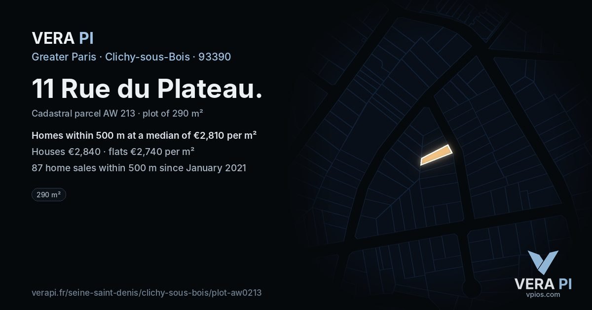 11 Rue du Plateau, Clichy-sous-Bois at night – the plot lit, the parcels around coloured by the prices near them