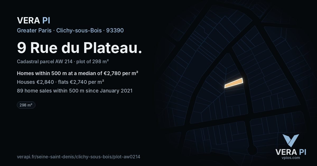 9 Rue du Plateau, Clichy-sous-Bois at night – the plot lit, the parcels around coloured by the prices near them