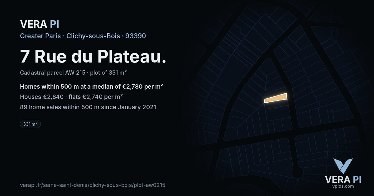 7 Rue du Plateau, Clichy-sous-Bois at night – the plot lit, the parcels around coloured by the prices near them