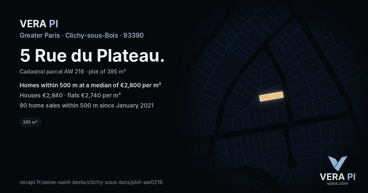 5 Rue du Plateau, Clichy-sous-Bois at night – the plot lit, the parcels around coloured by the prices near them