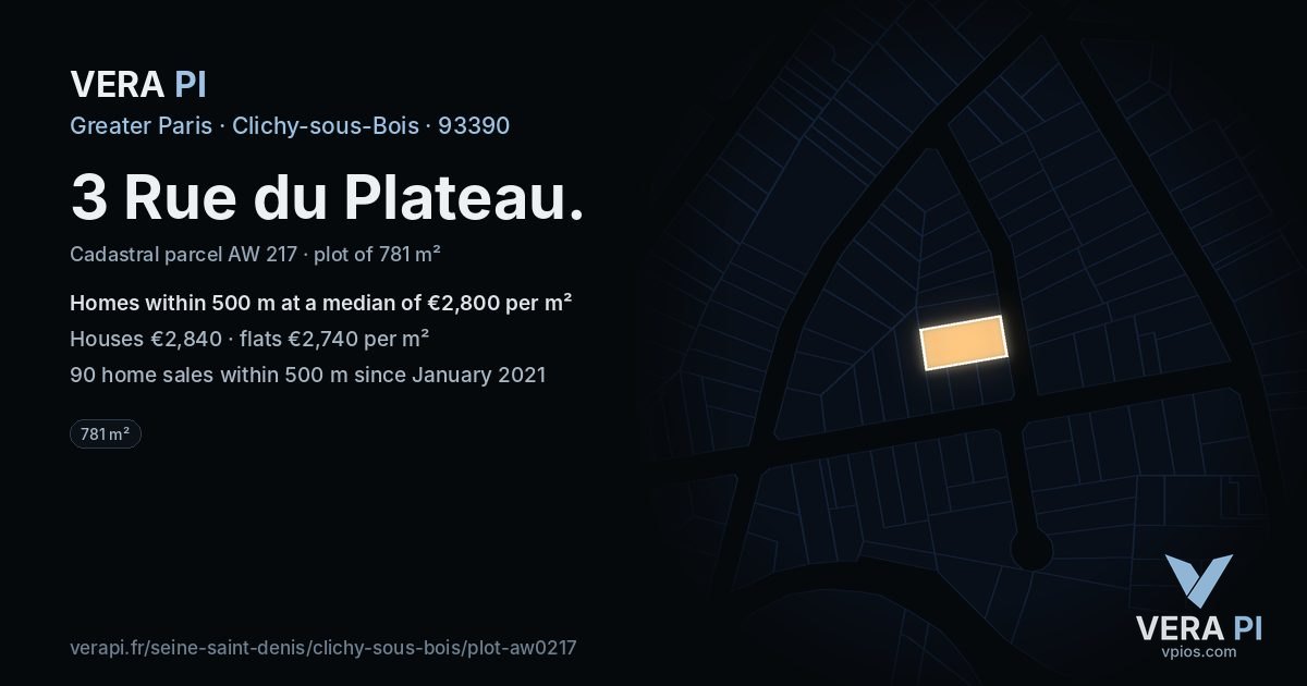 3 Rue du Plateau, Clichy-sous-Bois at night – the plot lit, the parcels around coloured by the prices near them