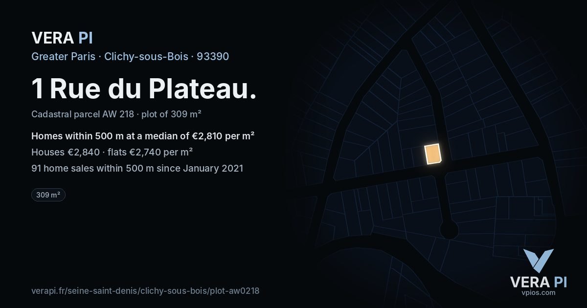 1 Rue du Plateau, Clichy-sous-Bois at night – the plot lit, the parcels around coloured by the prices near them