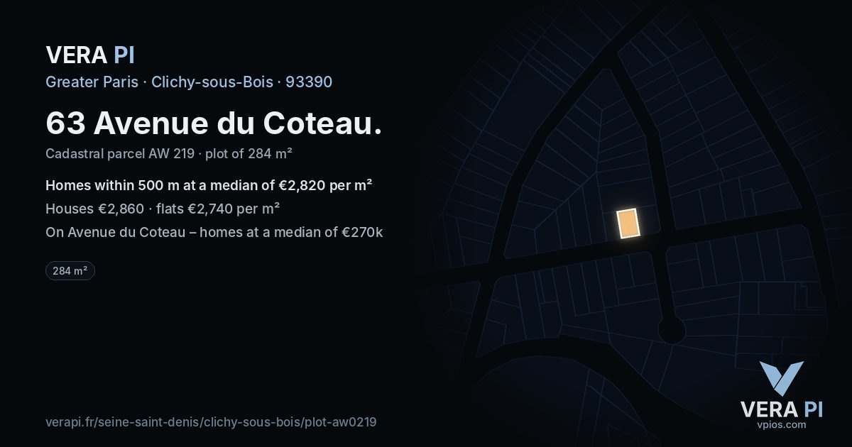 63 Avenue du Coteau, Clichy-sous-Bois at night – the plot lit, the parcels around coloured by the prices near them