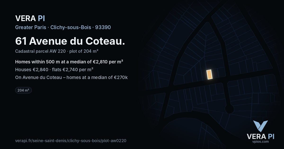 61 Avenue du Coteau, Clichy-sous-Bois at night – the plot lit, the parcels around coloured by the prices near them