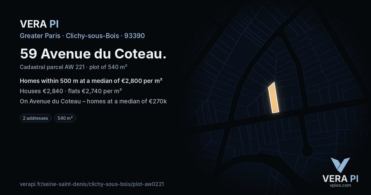59 Avenue du Coteau, Clichy-sous-Bois at night – the plot lit, the parcels around coloured by the prices near them