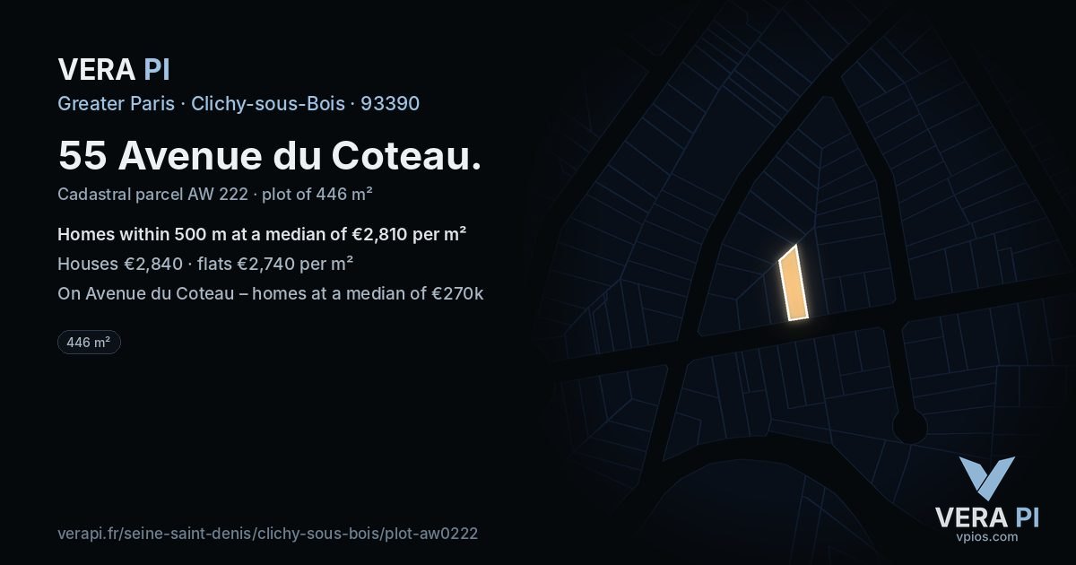 55 Avenue du Coteau, Clichy-sous-Bois at night – the plot lit, the parcels around coloured by the prices near them