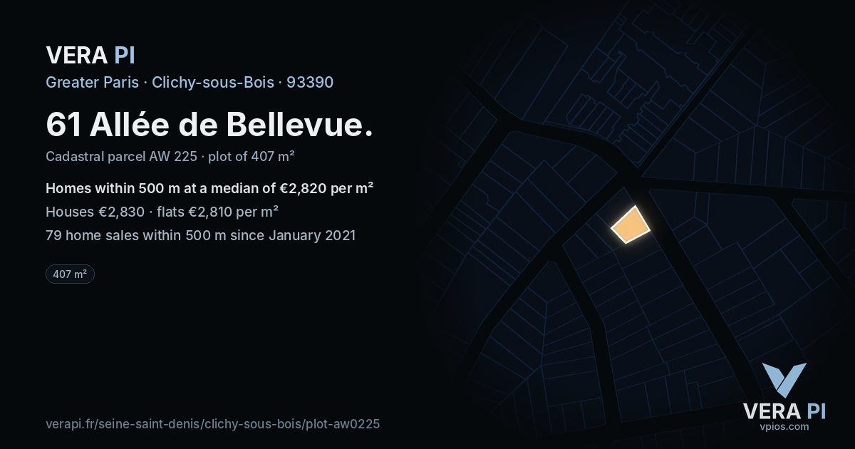 61 Allée de Bellevue, Clichy-sous-Bois at night – the plot lit, the parcels around coloured by the prices near them