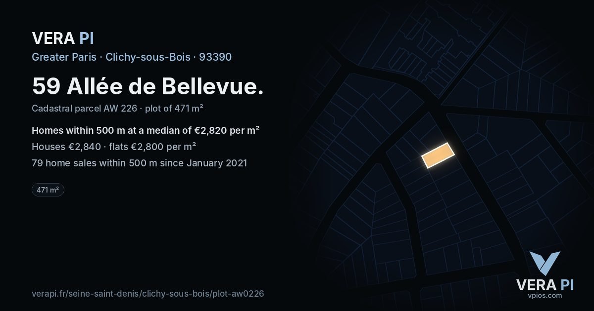 59 Allée de Bellevue, Clichy-sous-Bois at night – the plot lit, the parcels around coloured by the prices near them