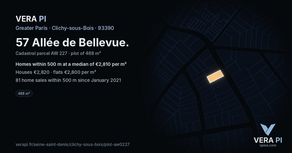 57 Allée de Bellevue, Clichy-sous-Bois at night – the plot lit, the parcels around coloured by the prices near them