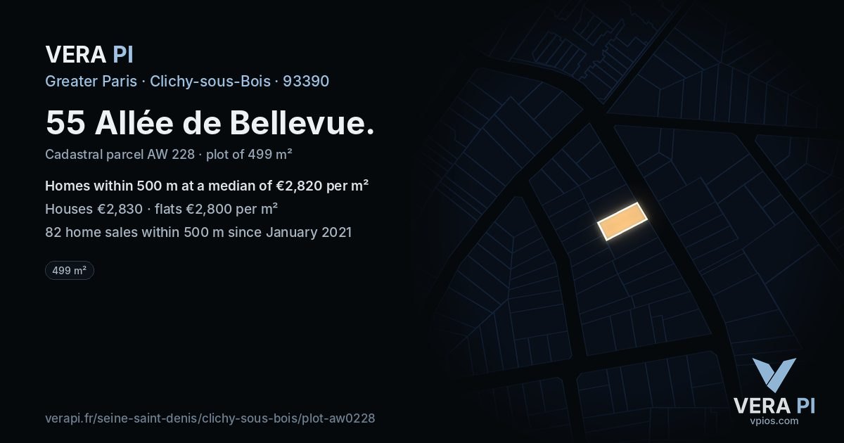 55 Allée de Bellevue, Clichy-sous-Bois at night – the plot lit, the parcels around coloured by the prices near them