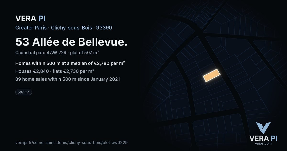 53 Allée de Bellevue, Clichy-sous-Bois at night – the plot lit, the parcels around coloured by the prices near them
