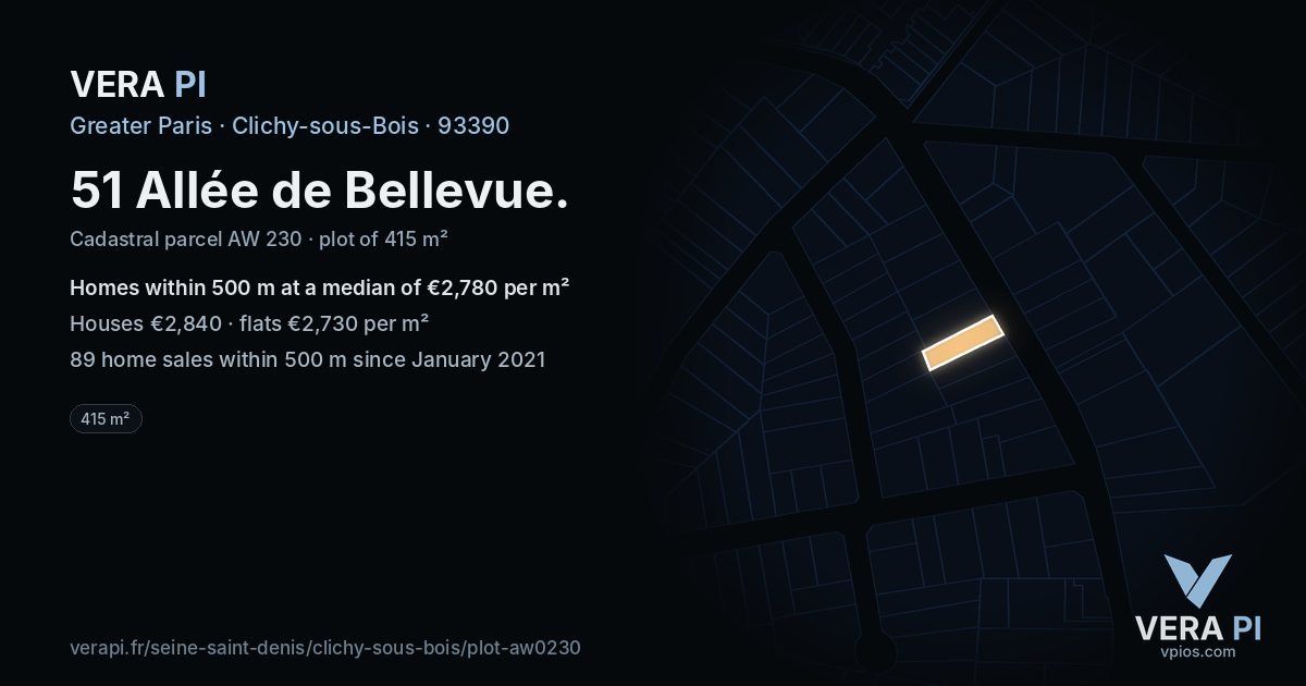51 Allée de Bellevue, Clichy-sous-Bois at night – the plot lit, the parcels around coloured by the prices near them