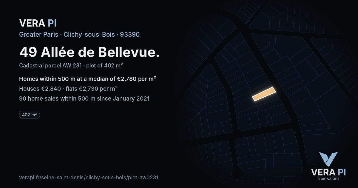 49 Allée de Bellevue, Clichy-sous-Bois at night – the plot lit, the parcels around coloured by the prices near them