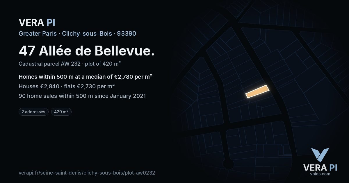 47 Allée de Bellevue, Clichy-sous-Bois at night – the plot lit, the parcels around coloured by the prices near them