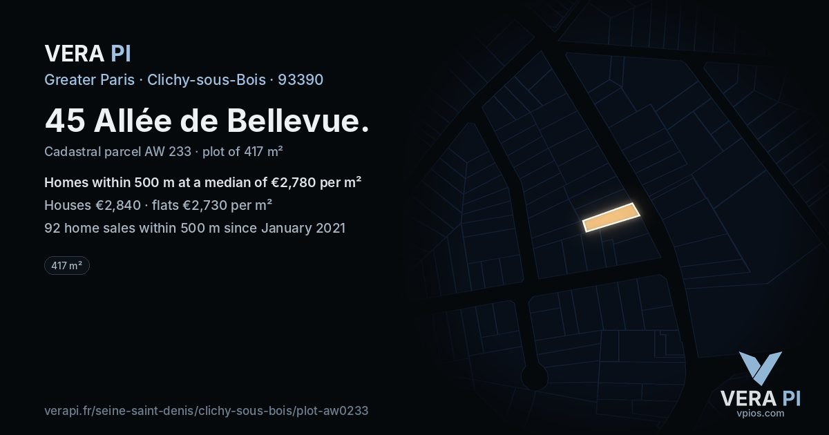 45 Allée de Bellevue, Clichy-sous-Bois at night – the plot lit, the parcels around coloured by the prices near them