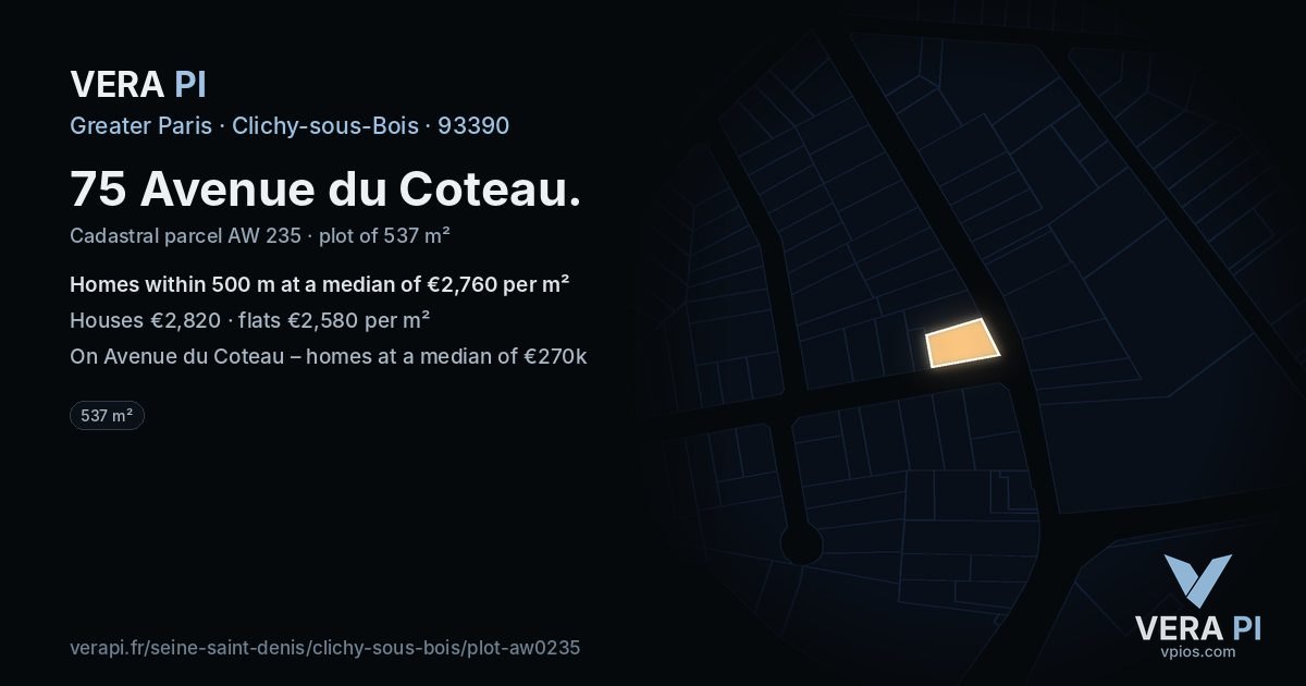 75 Avenue du Coteau, Clichy-sous-Bois at night – the plot lit, the parcels around coloured by the prices near them