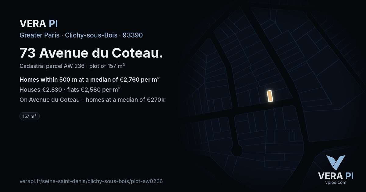 73 Avenue du Coteau, Clichy-sous-Bois at night – the plot lit, the parcels around coloured by the prices near them