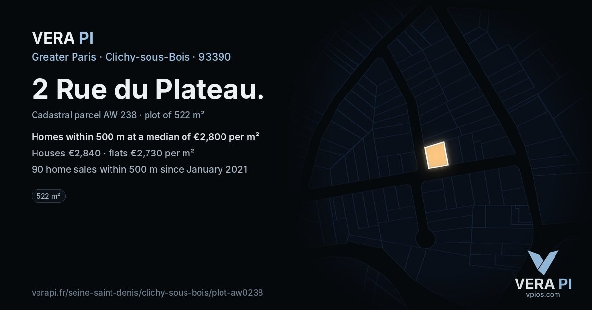 2 Rue du Plateau, Clichy-sous-Bois at night – the plot lit, the parcels around coloured by the prices near them