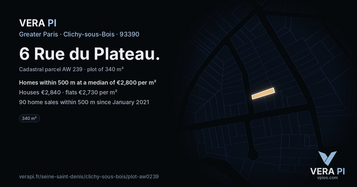 6 Rue du Plateau, Clichy-sous-Bois at night – the plot lit, the parcels around coloured by the prices near them
