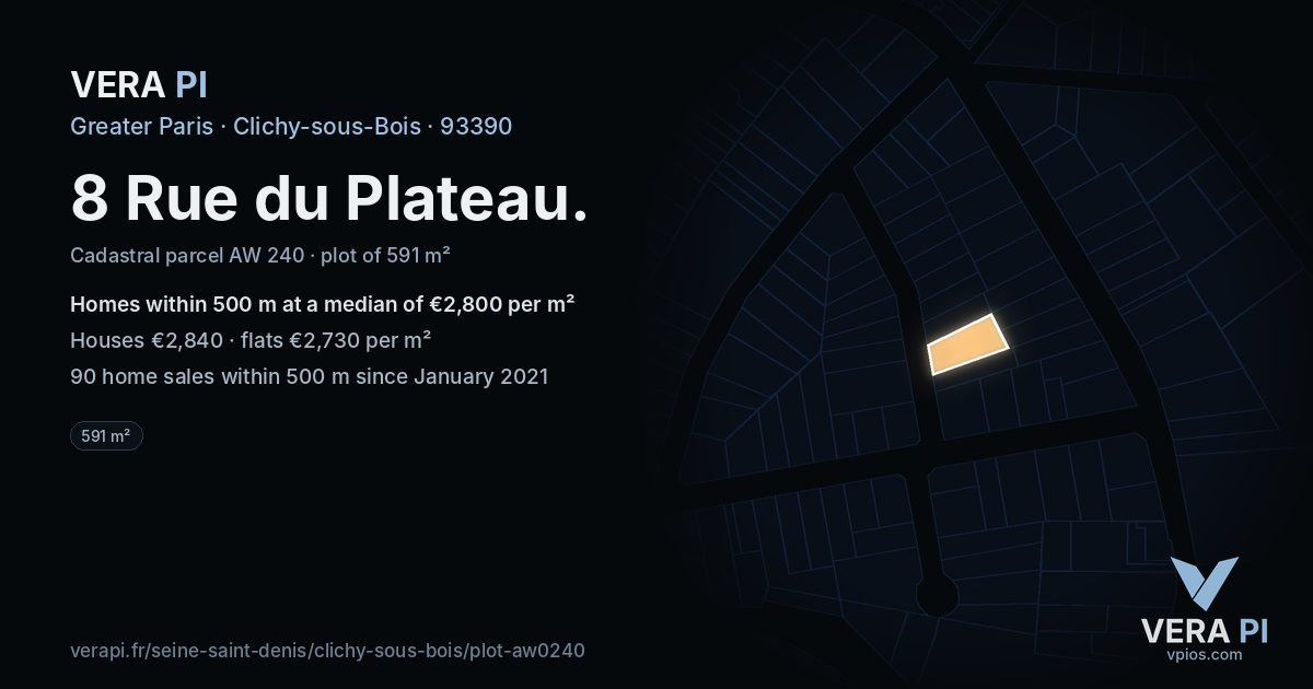 8 Rue du Plateau, Clichy-sous-Bois at night – the plot lit, the parcels around coloured by the prices near them