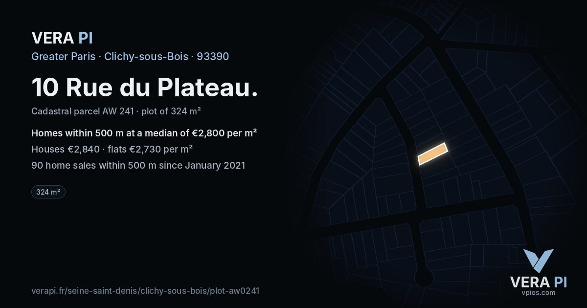 10 Rue du Plateau, Clichy-sous-Bois at night – the plot lit, the parcels around coloured by the prices near them