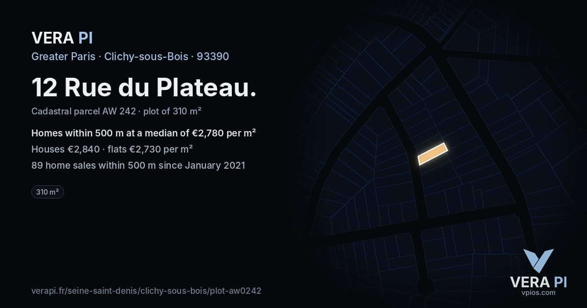 12 Rue du Plateau, Clichy-sous-Bois at night – the plot lit, the parcels around coloured by the prices near them