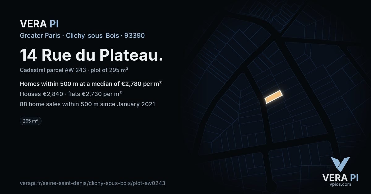 14 Rue du Plateau, Clichy-sous-Bois at night – the plot lit, the parcels around coloured by the prices near them