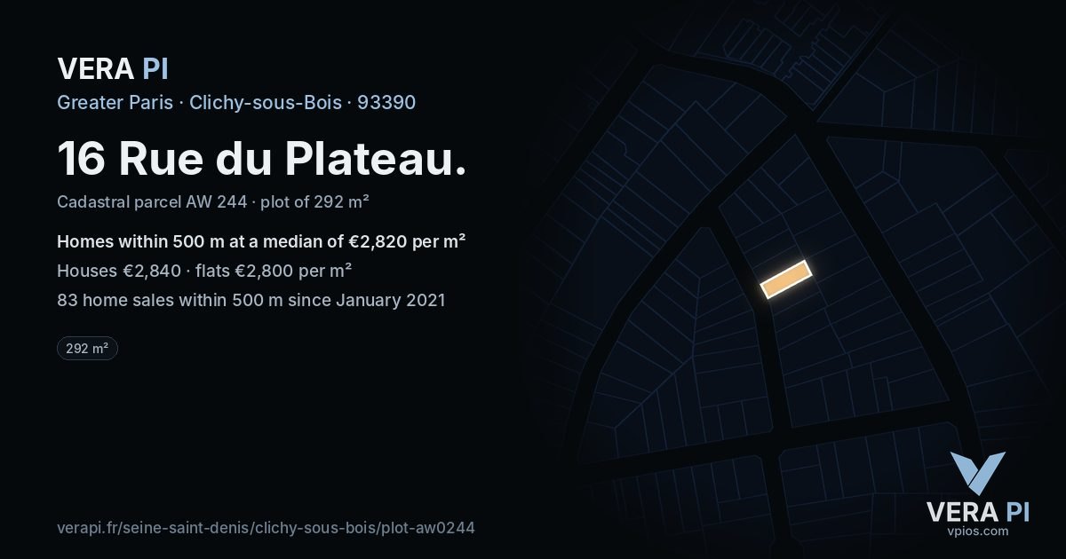 16 Rue du Plateau, Clichy-sous-Bois at night – the plot lit, the parcels around coloured by the prices near them