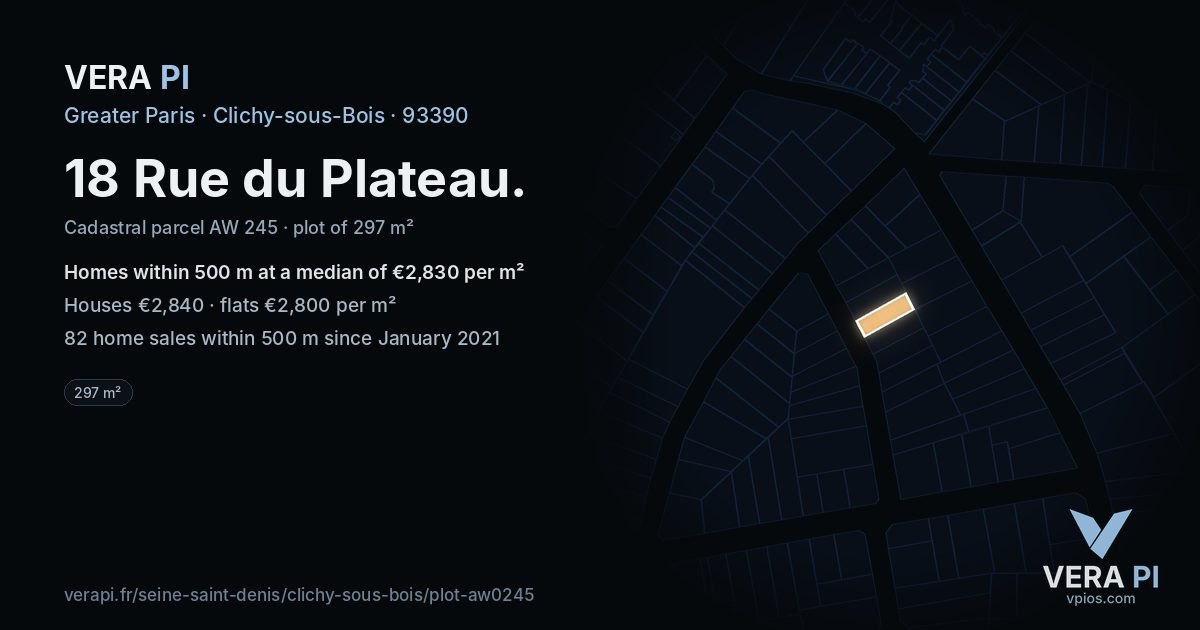 18 Rue du Plateau, Clichy-sous-Bois at night – the plot lit, the parcels around coloured by the prices near them