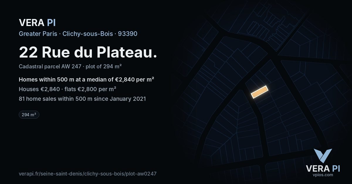 22 Rue du Plateau, Clichy-sous-Bois at night – the plot lit, the parcels around coloured by the prices near them