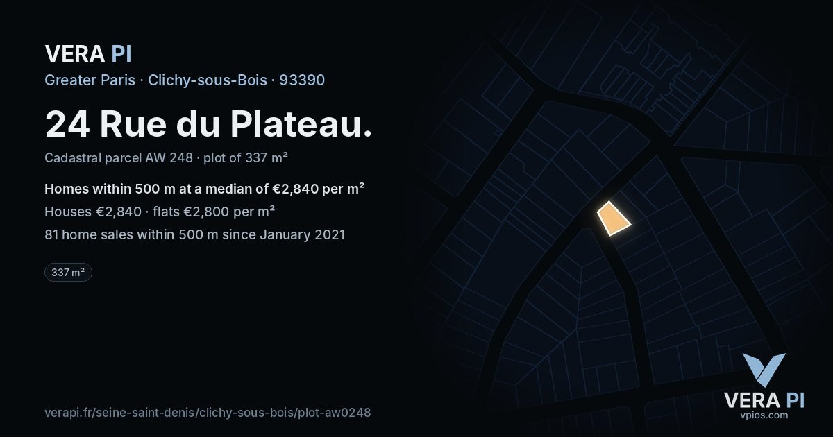 24 Rue du Plateau, Clichy-sous-Bois at night – the plot lit, the parcels around coloured by the prices near them